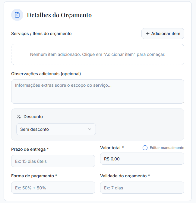 Formulário de detalhes do orçamento