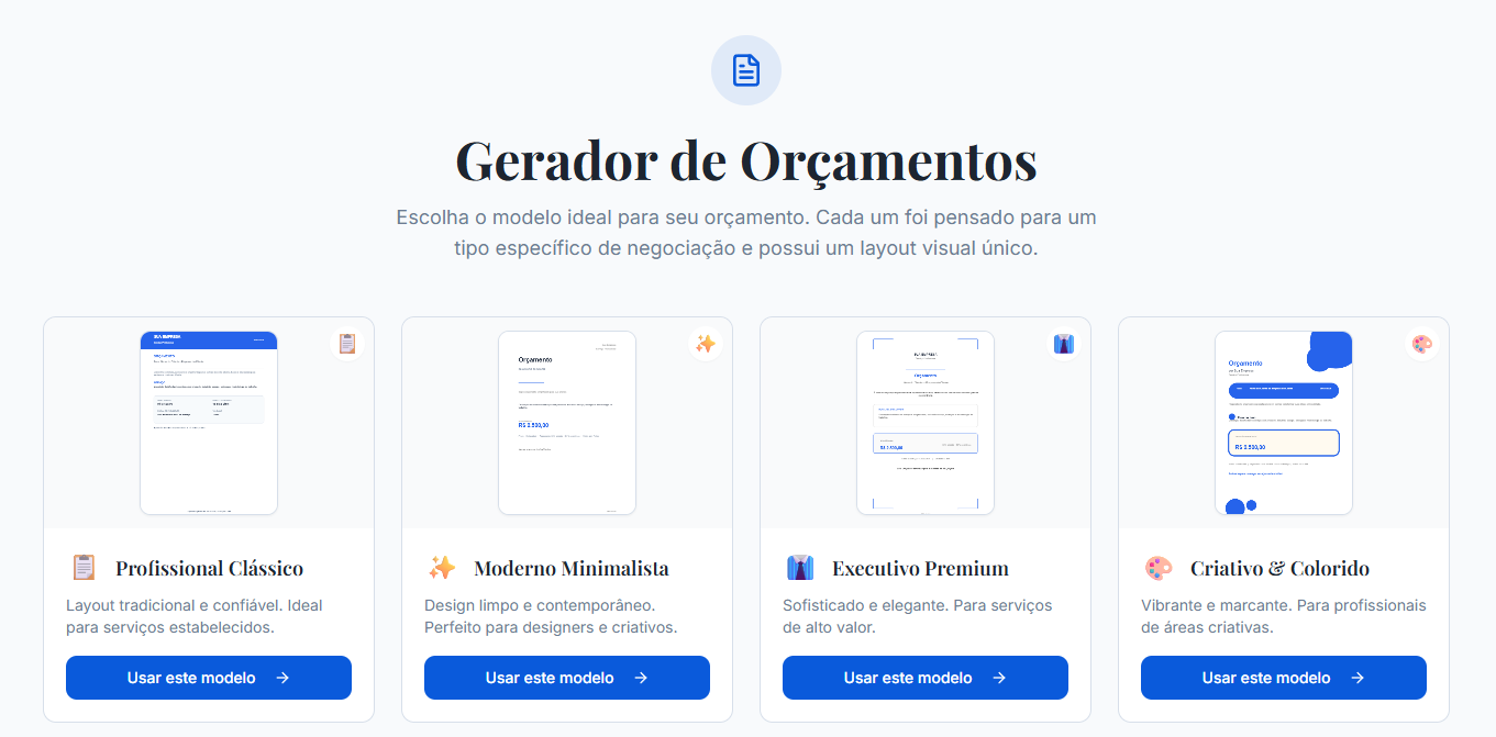 Tela de seleção de modelos do Gera Orçamento